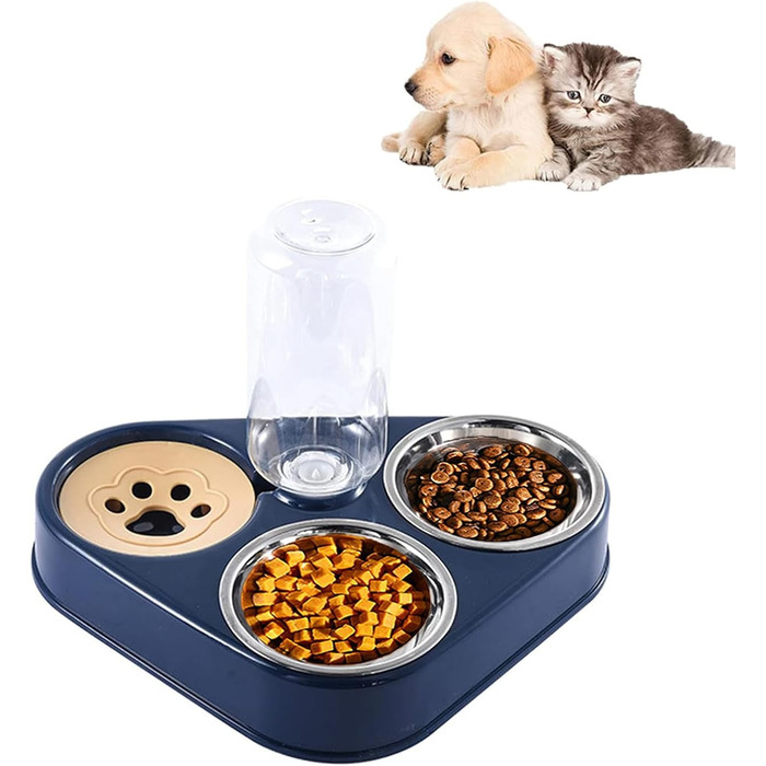 Миска для кота з нержавіючої сталі 3-в-1 з автоматичним дозатором води, подвійна миска для котів та собак маленьких та середніх порід (Блакитна)