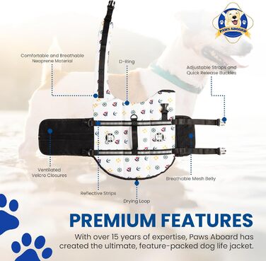 Жилет для плавання собак Paws Aboard – регульований, світловідбиваючий, зручний, розміри XXS-XL