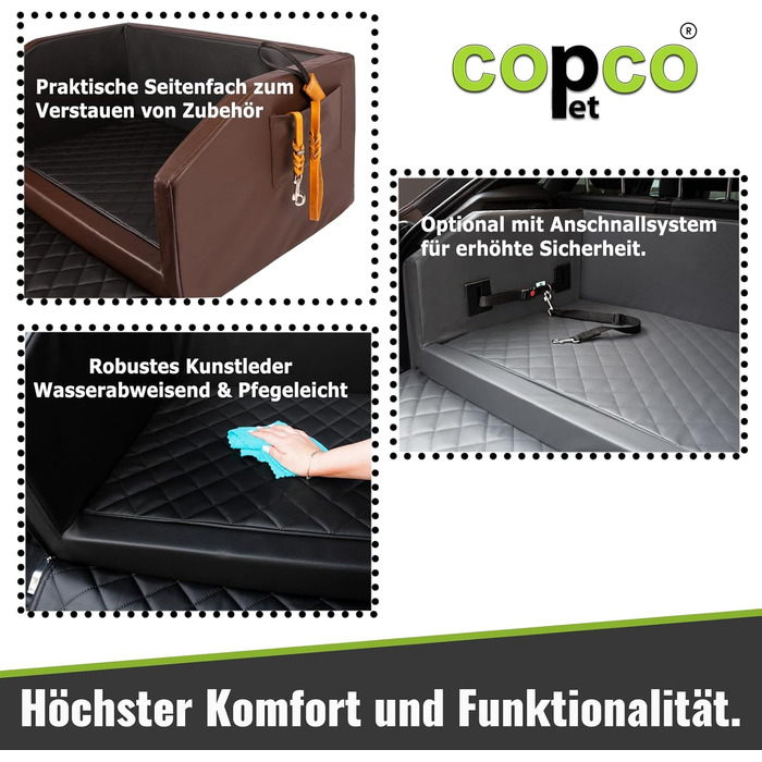 Автоматичне ліжко для собак CopcoPet у багажник, 70x55x38 см, штучна шкіра, захист багажника, водовідштовхувальне, стійке до подряпин, з захисним покриттям, для подорожей (Коричневий/Чорний, 100x90 см з системою ременів)