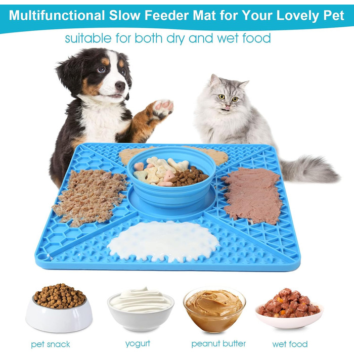 Лежак-лежак для собак VOOWO 2-в-1, миска для повільного годування, миска для їжі та води, силіконовий килимок для собак з присосками, великі та середні породи, блакитний