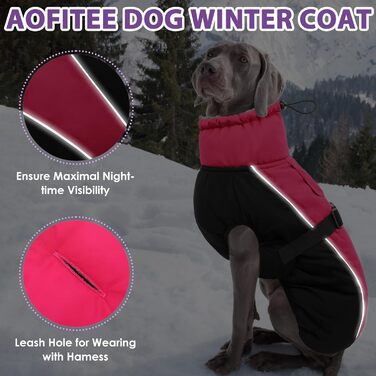 Теплий зимовий одяг для собак AOFITEE з отвором для повідка, водонепроникна куртка для собак, підходить для маленьких, середніх та великих собак, рожево-червоний
