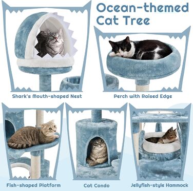 Дерев'яний будиночок для котів Yaheetech Meer Katzenbaum 155 см, когтеточка, блакитно-білий, з гамаком та платформою