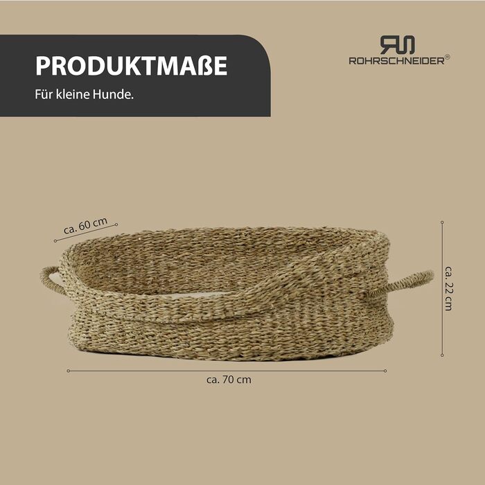 Корзина для собак Rohrschneider з ручками для маленьких та середніх собак | Ручна плетіння з морської трави, посилений високий борт | Знімний, пральний чохол | Розмір 1 (70 x 60 см)
