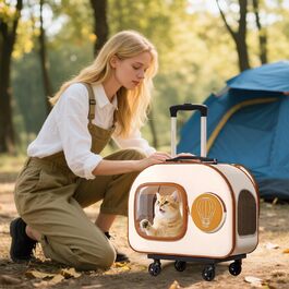 Транспортна переноска для собак PETCUTE з колесами, складаний рюкзак для котів з внутрішнім страхувальним ремінцем, портативна та дихаюча, рюкзак для собак з знімними колесами, для маленьких собак та середніх котів (Бежевий з візком)