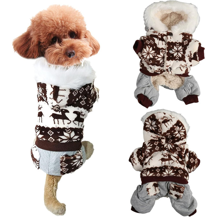 Теплий зимовий костюм для собак з капюшоном, пухнастий, з оленем Snowflake, для маленьких та середніх собак - м'який та зручний, ідеальний для зими та святкових подій
