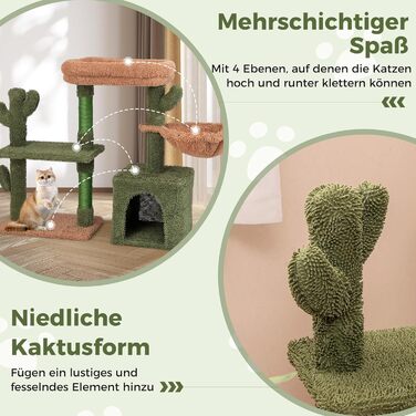 Драбина-кіготник для котів COSTWAY Kaktus: платформа, корзина, 2 котячі будиночки, сизаль, дерево, 81 см