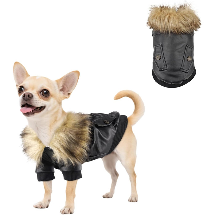 Зимовий одяг для собак PETLESO: тепла флісова куртка для собак, шкіряна зимова куртка на кнопках для маленьких та середніх собак (S)