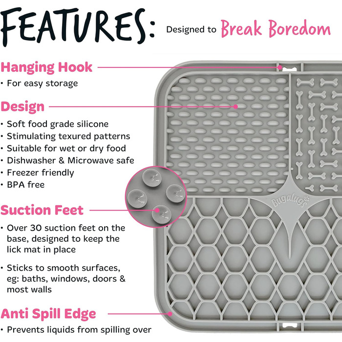 Килимок для лизання для собак та котів Bugalugs, 20 см, сірий, харчовий BPA-free