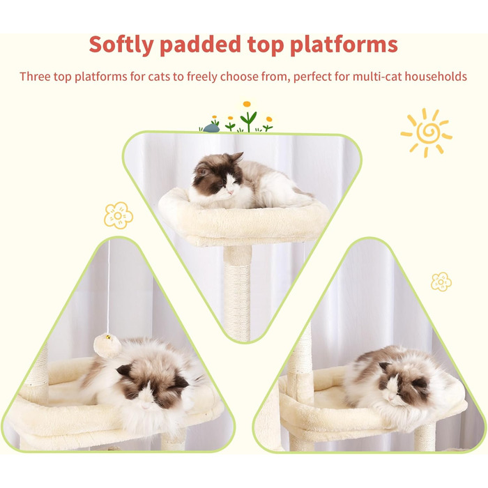 Котячий будиночок Hey-brother Kratzbaum з подовженою частиною, широкими платформами, затишними печерами, гамаками, сизалевими стовпчиками та м'ячиком для котів, 178 см, MPJ038W (Бежевий)