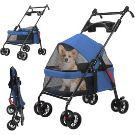 Легкий та складаний переносний візок для собак, блакитний. З сонцезахистом, гальмами та місцем для зберігання (до 10 кг)