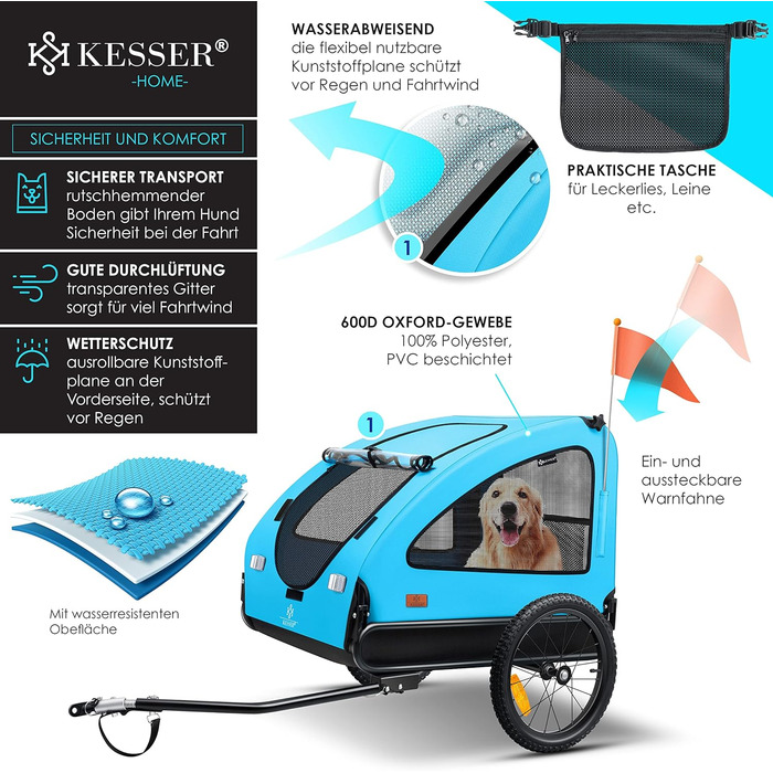 Великий велосипедний причіп-візок для собак KESSER Boxer 2-в-1, 250 л, складаний, 600D Оксфорд, до 45 кг, з прапорцем і сумкою