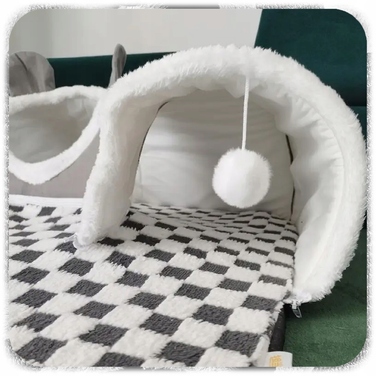 Плюшеве ліжко-шахівниця для котів з тунелем 2в1, сіре, розмір XL 86x70x26 см