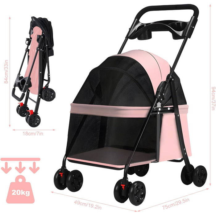 Kamulouk Візок для собак з 4 колесами, туристичний, для вигулу домашніх тварин, з тримачем для напоїв, універсальний для котів та собак, з дихаючою сіткою, для середніх та маленьких собак (Рожевий)