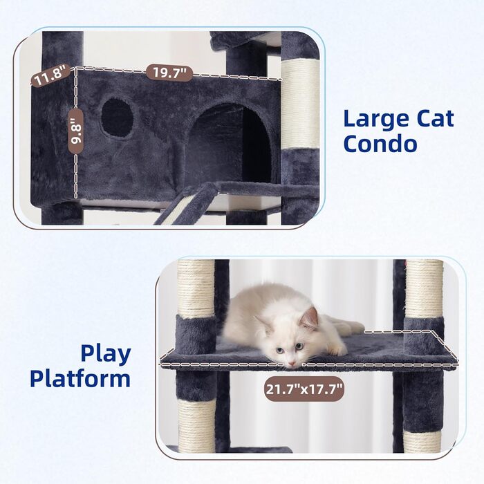 Великий котячий будиночок Kratzbaum: стабільний, 200 см, з платформами, гамаком та сизалевими стовпчиками (GCT031W, сірий)