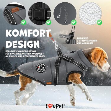 LOVPET® Зимова куртка для собак 2XL, антрацит, утеплена та водонепроникна з вбудованим шлеєю, світловідбивачами, D-кільцем, 45 пакетів для прибирання та диспенсером