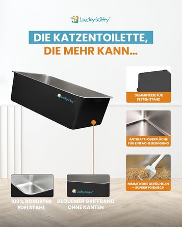 Котлочистка Lucky-Kitty Edelstahl 60x40x20 см з кришкою | XXL, не пропускає запахи, чорна | Котлочистка для котів, не витікає