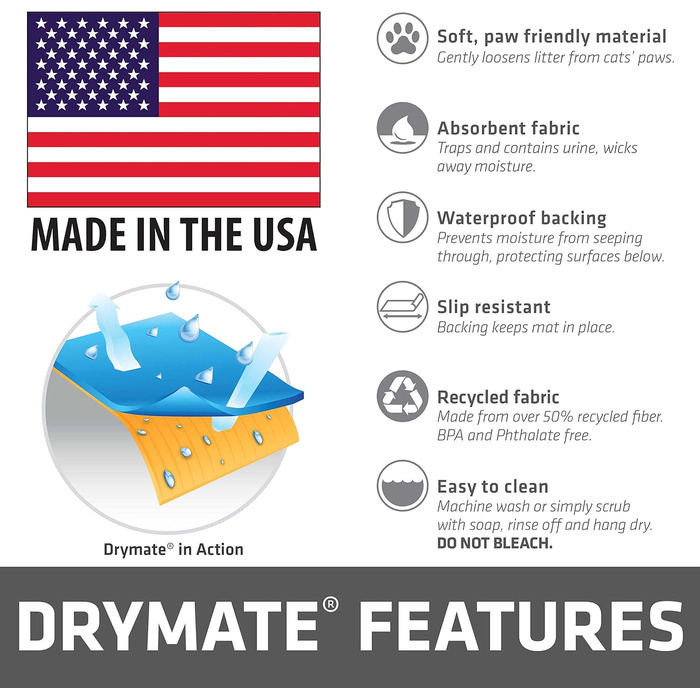 Drymate Оригінальний килимок для котячого туалету, поглинає бруд, захищає підлогу, стійкий до сечі, можна прати в машині, м'який для подушечок лап котів, поглинаючий, водонепроникний (виготовлено в США, з перероблених матеріалів), 1 шт.