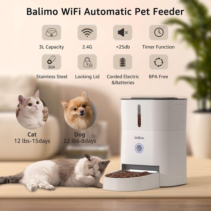 Автоматична годівниця для котів та собак Balimo 3 л з Wi-Fi, нічним підсвічуванням і сталевою мискою, до 10 прийомів їжі, чорна