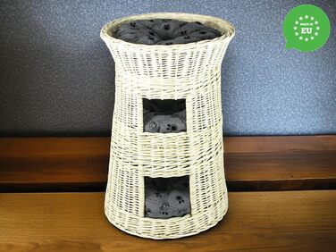 Кігтеточка-ліжко для котів: кругла хатинка, плетений будиночок з лози, триярусне ліжко для собак та котів, колір – білий, з сірим подушечком