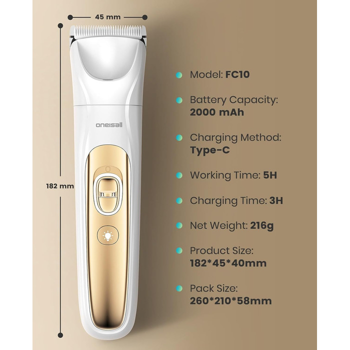 Машинка для стрижки собак і котів oneisall 4-в-1 з LED-підсвічуванням, триммер для лап та точилка для кігтів, акумулятор 2000mAh (біла)