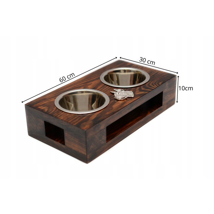 Дерев'яна підставка з мисками для собак, сталеві миски, ручна робота — Німецький дог