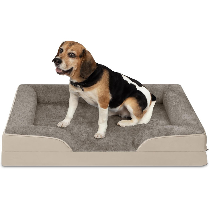 Ортопедичне собаче ліжко Normani для великих, середніх та маленьких собак - м'яке ліжко-диван з високим бортиком, колір бежевий, розмір 60x80x16 см