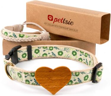 Нашийник для собак Pettsie з серцем та браслетом дружби, регульовані розміри S та M, зручний дизайнерський льон, міцний та довговічний, чудовий подарунок для любителів собак, (35,6 - 50,8 см (M), Зелений)