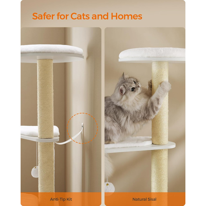 Кігтеточка Feandrea WoodyWonders для котів, багатоярусна, сіра, з подушками, 22.8 x 15.7 x 65 см