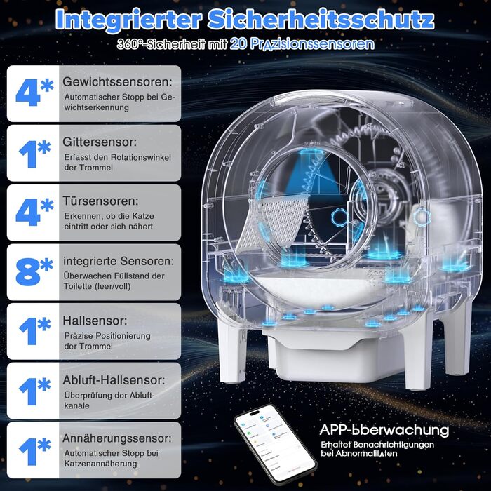 Автоматичний лоток для котів з камерою, 90л, самоочисний, для кількох котів, без запаху, з датчиками, керування через додаток, захист від защемлення
