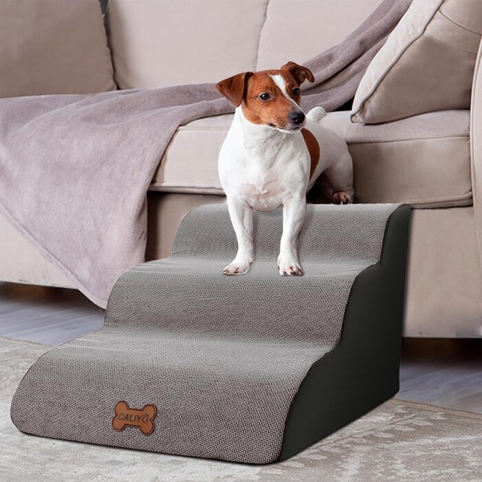 Сходинки для собак Caliyo, 2 сходинки, для маленьких собак та котів, 26 см, знімний чохол, неслизька підставка, для ліжка, дивану, авто (55×40×26см), сірий колір