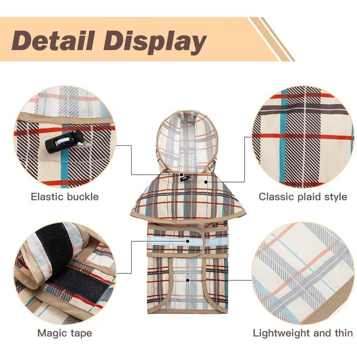Дощовик для собак Kooltail з капюшоном, для малих та середніх собак, водонепроникний, з світловідбиваючими смугами, регульований, дихаючий, бежевий в клітинку