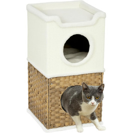 Котячий будиночок PawHut 75,5 см: триповерхова когтеточка з плюшевим облямівкою, подушкою та печереєю для котів середнього розміру, кремово-білий