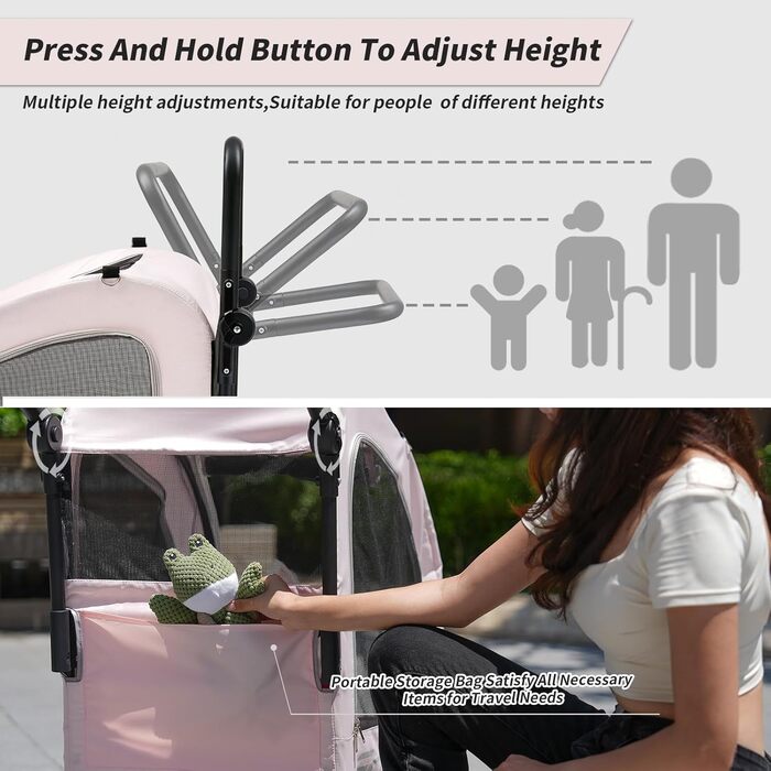 Візок для собак EchoSmile для маленьких та середніх собак до 20 кг, позашляховий, складний, з подвійним гальмом, ремені безпеки та сітчасті вікна (Рожевий)