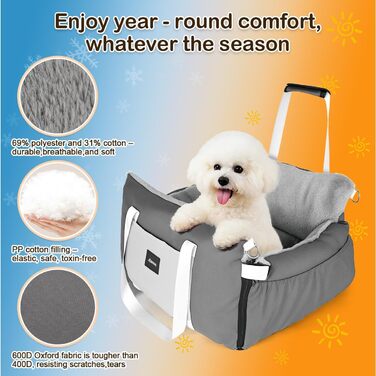 Автокрісло для собак 3-в-1 з розкладним ліжком – переносна автолюлька для маленьких собак, з м'яким матрацом, для переднього або заднього сидіння, внутрішнє та зовнішнє використання (02-Сірий)