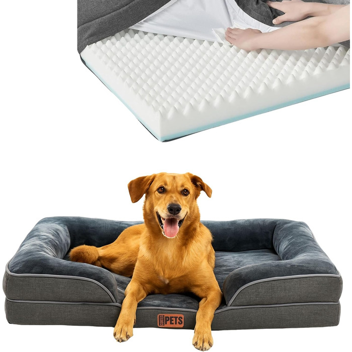 Ортопедичне ліжко для собак середніх та великих порід CORTESPETS® - диван для собак, знімний та пральний чохол, високі бортики, м'яке ліжко з Memory Foam, вологостійке, сірого кольору, 90 x 64 x 17 см