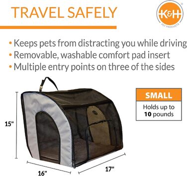 Переноска для домашніх тварин K&H PET Products, м'яка автосумка для котів і малих собак, сіра/чорна, 43,2×40,6×38,1 см