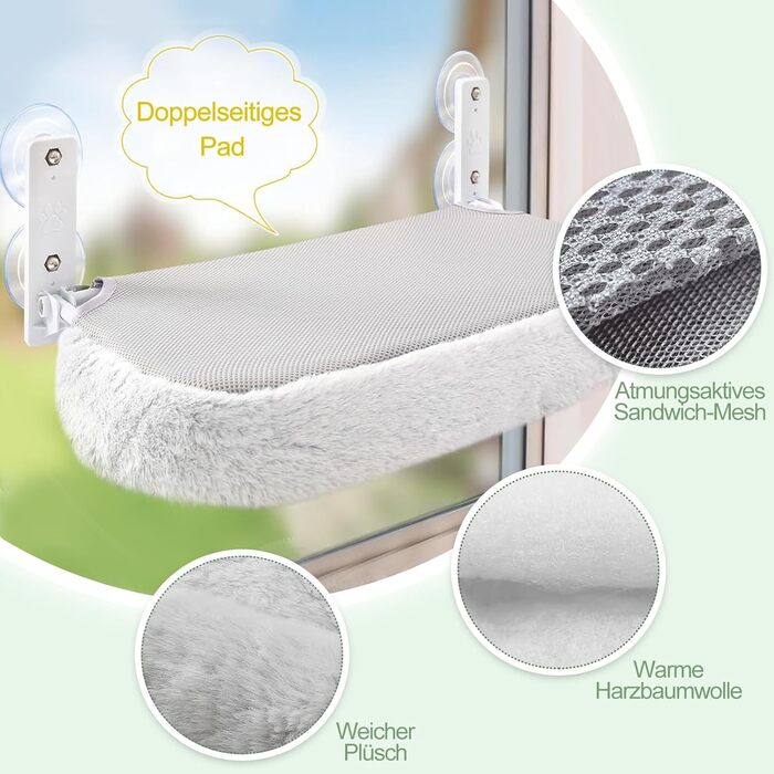 Кішка ліжко гамак для вікна, гамак для котів без мотузки, складане ліжко для котів на вікно з присосками, стабільний гамак для котів, вантажопідйомність 15 кг, сірий колір