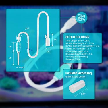 Великий сифон для акваріума TERA PUMP, 1,5 GPM, 2 шт., BPA-free, з дренажною та фільтраційною насадкою, фіксатором і присоскою, для акваріумів 10-20 галонів