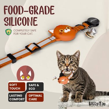 Нашийник для котів KittyTag з аксесуарами, сумісний з Apple Airtag, світловідбиваючий та світосвітлий, GPS, з захистом від задушення, регульований, оранжевий (Airtag не входить до комплекту)
