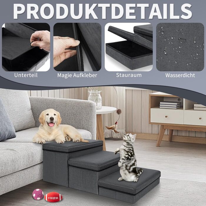 Сходинка для тварин OUUTMEE: складана сходинка для собак та котів, сірого кольору, 3 сходинки, максимальне навантаження 30 кг