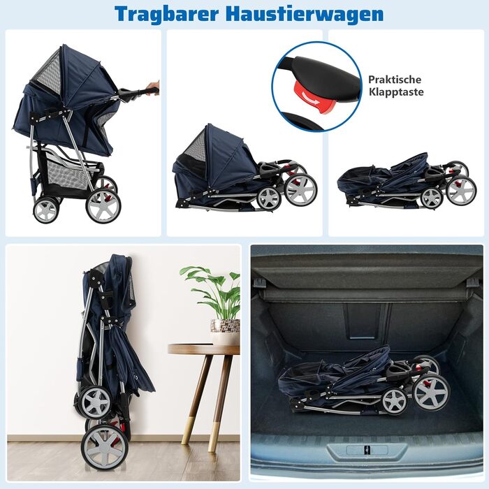 Собачий візок SOARS для собак та котів до 15 кг, складний, з сіткою, тримачем для напоїв та кошиком для зберігання, блакитний