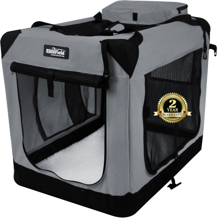 Клітка для собак EliteField з 3 дверцятами, складана, м'яка, з сумкою для перенесення та підстилкою з флісу, для дому та вулиці, 91.4 x 61 x 71 см, світло-сіра