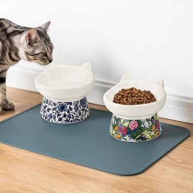 Котло propositions для котів TIGOADT: керамічна миска з підставкою, широка та нахилена, проти блювоти, для кошенят та літніх котів (блакитно-білий візерунок, квітковий візерунок)