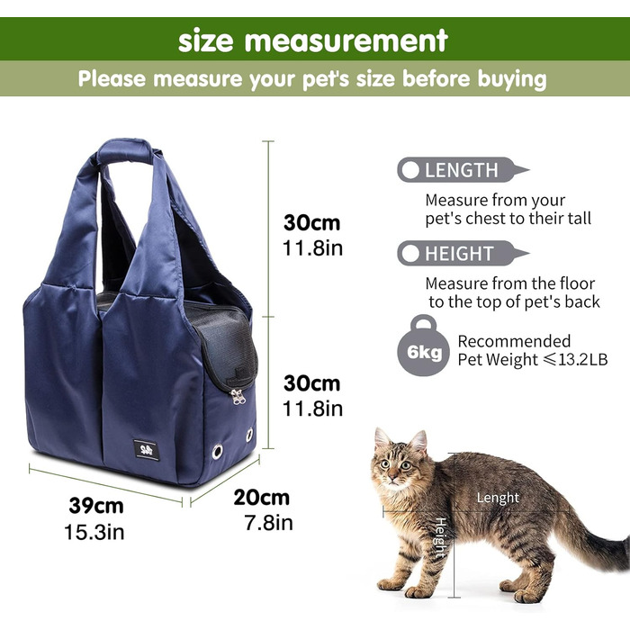 PETCUTE Сумка-переноска для собак та котів, дихаюча, з матом, на плече, з лінійкою безпеки та кишенями, для маленьких та середніх собак, цуценят та котів (Темно-синій)
