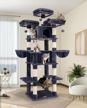 Великий котячий будинок F80, 203 см, для домашніх котів, XXL когтеточка з гамаками, лежаками, драбинками, 2 будиночки, 3 платформи, 2 підвісні кошики, темно-сірий