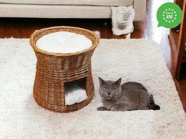 Котячий будиночок з лози для сну, двоповерхове ліжко для котів і собак, круглий 47 см, з подушкою, натуральний колір