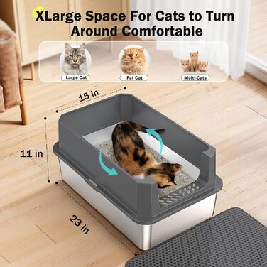 Котлові туалети для котів з нержавіючої сталі, великі, XL, з кришкою, антибактеріальне покриття, сірий, легко чистити