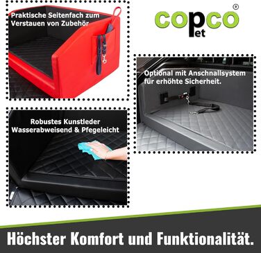 Ліжко для собак у багажник CopcoPet - 90x70x38 см, штучна шкіра, захист багажника, водовідштовхувальне, стійке до подряпин, система кріплення, захисний коврик, червоно-чорний колір