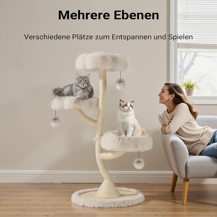 Котячий будиночок-крісло Fudajo з 3 лежаками, котячий комплекс з сизалю та плюшу, висота 125 см, діаметр 59 см, до 15 кг