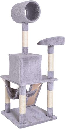 Дерево для котів Lionto з гамаком та тунелем, 133 см, з сизалевого мотузка та м'якого плюшу, з лежаками та печерами, підходить для котів будь-якого розміру, сірий